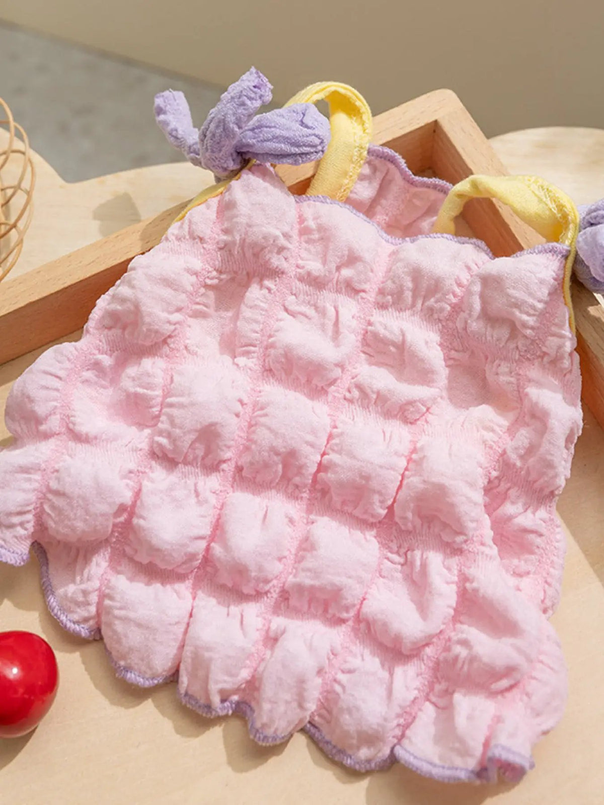 Bubble Textured Tie Shoulder Pet Top, pink bubble fabric with lavender straps and yellow trim