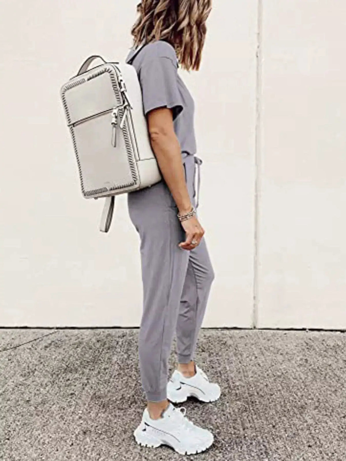 Full Size Round Neck Top and Drawstring Pants Set by Trendsi in gray, plus size
