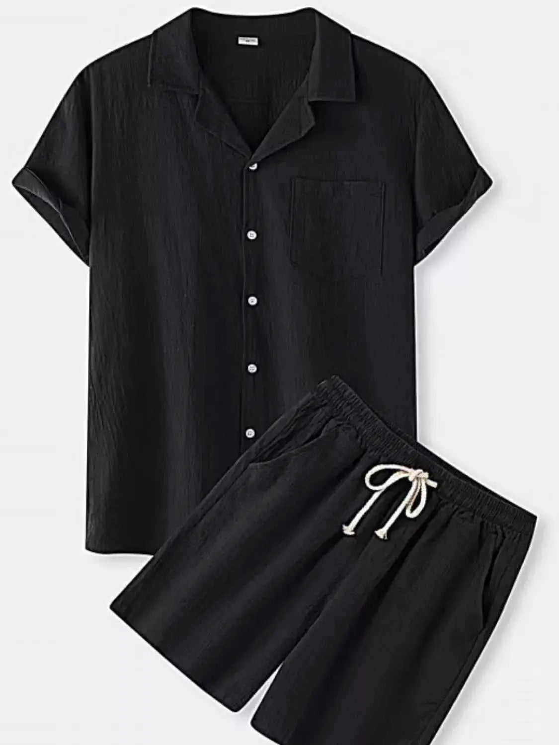 Men's black cotton button-up short-sleeve shirt and drawstring shorts set, plus size
