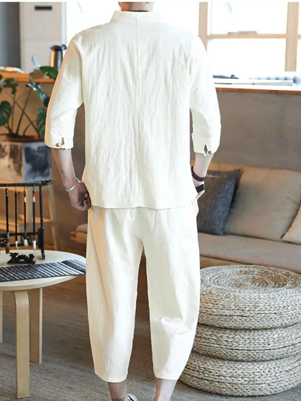 Mens Plus Size Three Quarter Sleeve Top And Pants Set Casual, cream two-piece lounge set by Trendsi