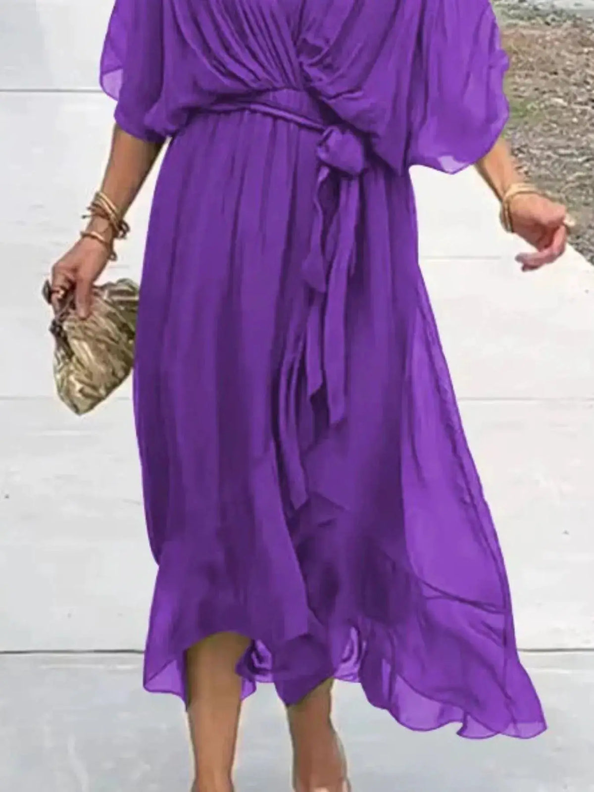 Plus-size purple chiffon flowy tie-front midi dress with flutter sleeves, Trendsi