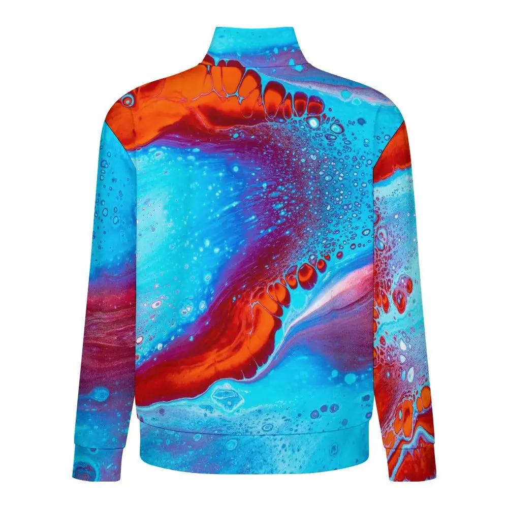 Men's stand-up collar long sleeve sweatshirt in soft touch fabric with vibrant blue and orange abstract print