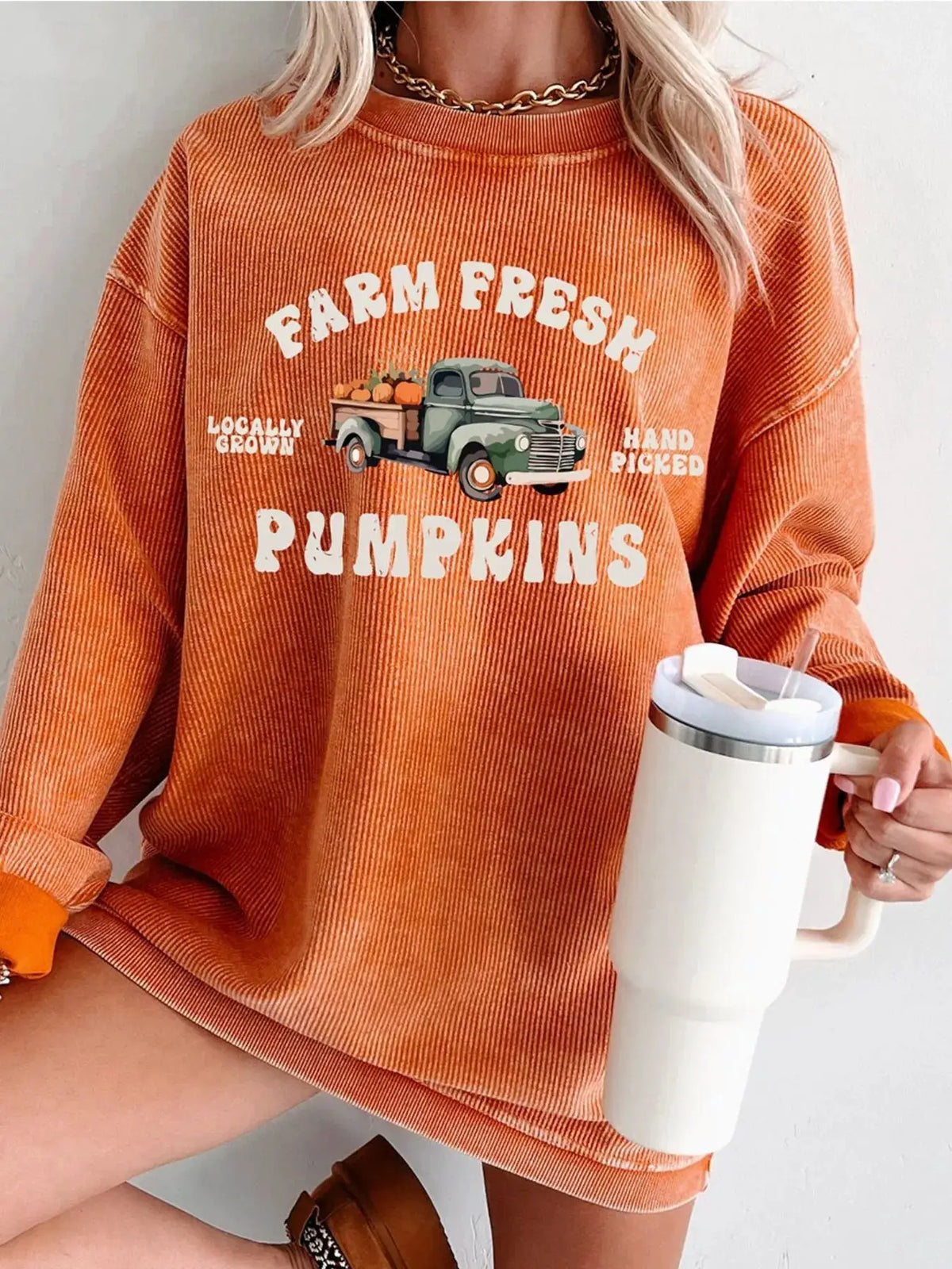 Corded ribbed orange Farm Fresh Pumpkins graphic sweatshirt with vintage truck