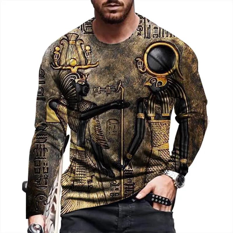 Men's long-sleeved T-shirt featuring an all-over ancient Egyptian artwork print in earthy tones