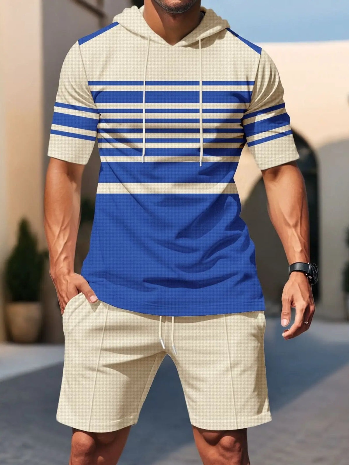 Men's plus-size striped short-sleeve hoodie and shorts set by Trendsi in beige and blue