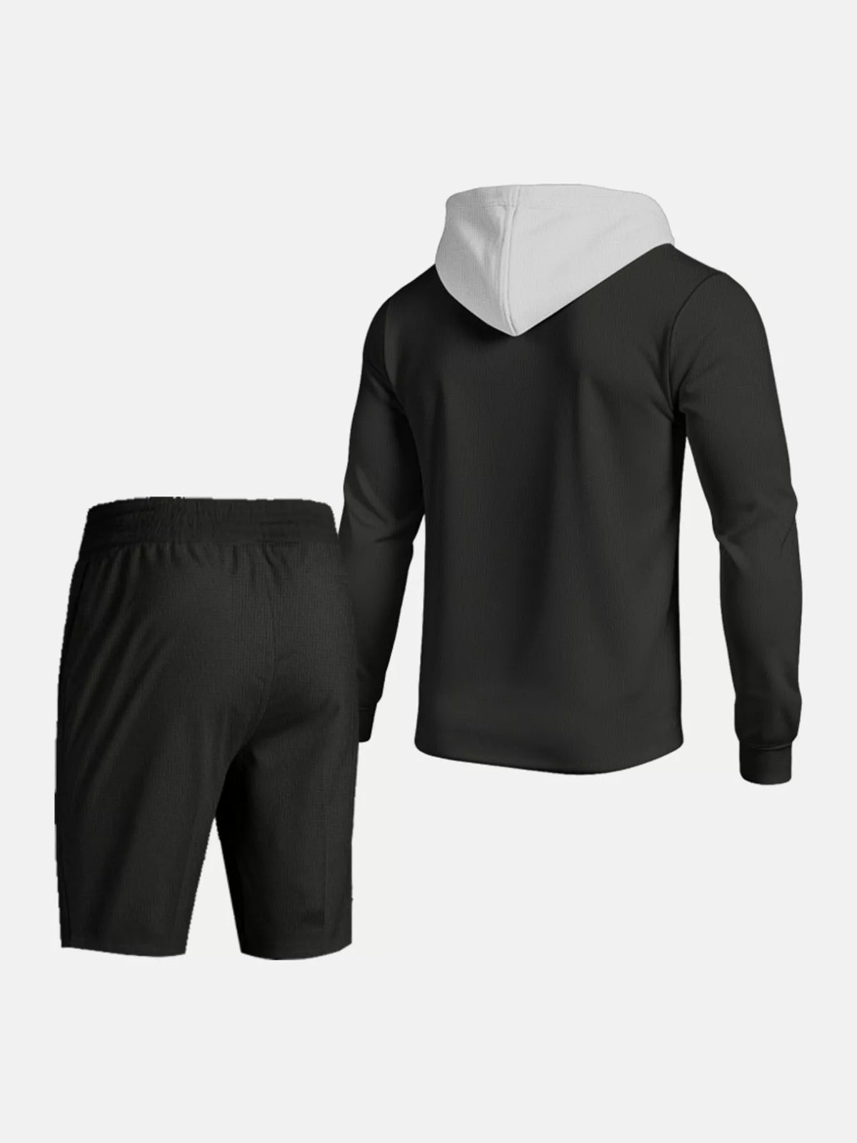 Men's black hooded top and shorts two-piece casual set; white interior hood lining.