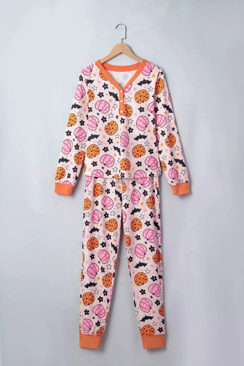 Trendsi Halloween pumpkin-print long-sleeve lounge set, pink with orange trim, top and pants