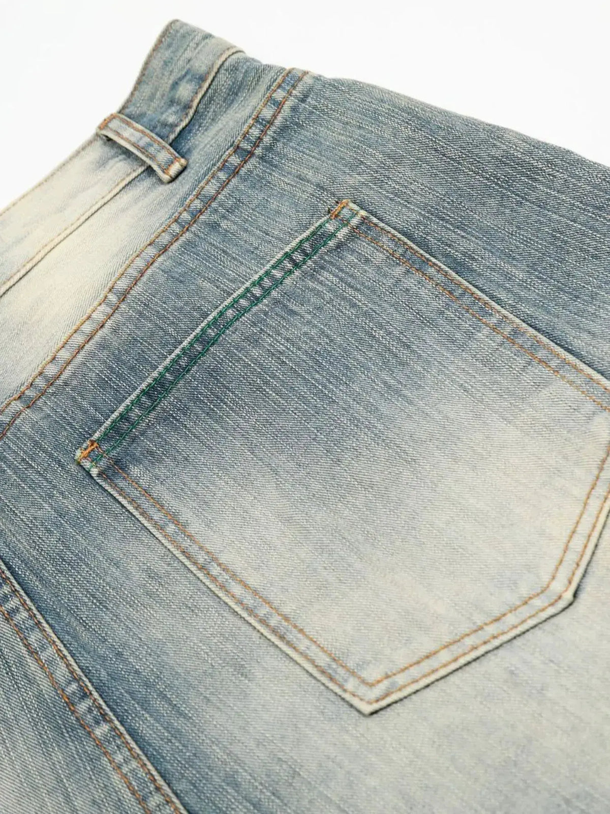 Mens washed light-blue wide-leg denim shorts with stretch and vintage detailing
