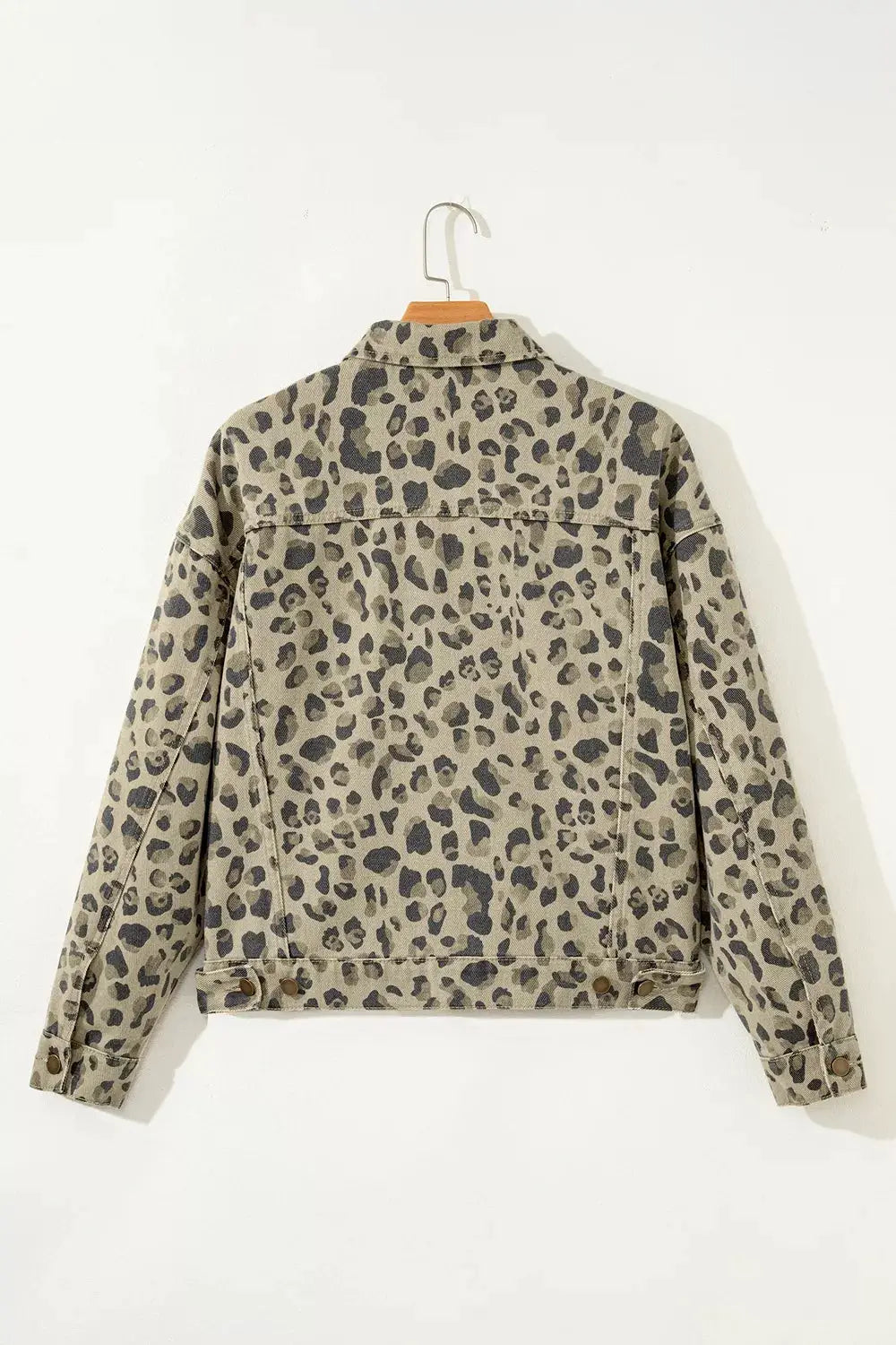 Leopard print denim jacket by Trendsi, button-down, tailored cotton blend, beige with black spots.