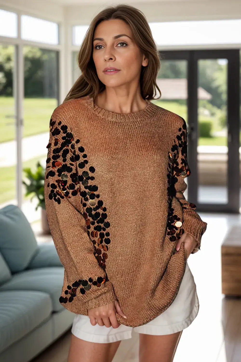 Trendsi long-sleeve sequin knit sweater in copper with round neck and black sequin sleeves; stretch polyester.