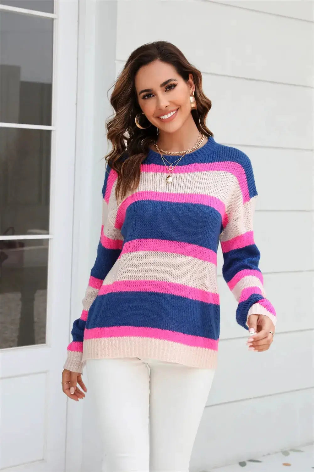 Angel Wings color-block sweater with round neck and dropped shoulders in blue, pink, cream by Trendsi