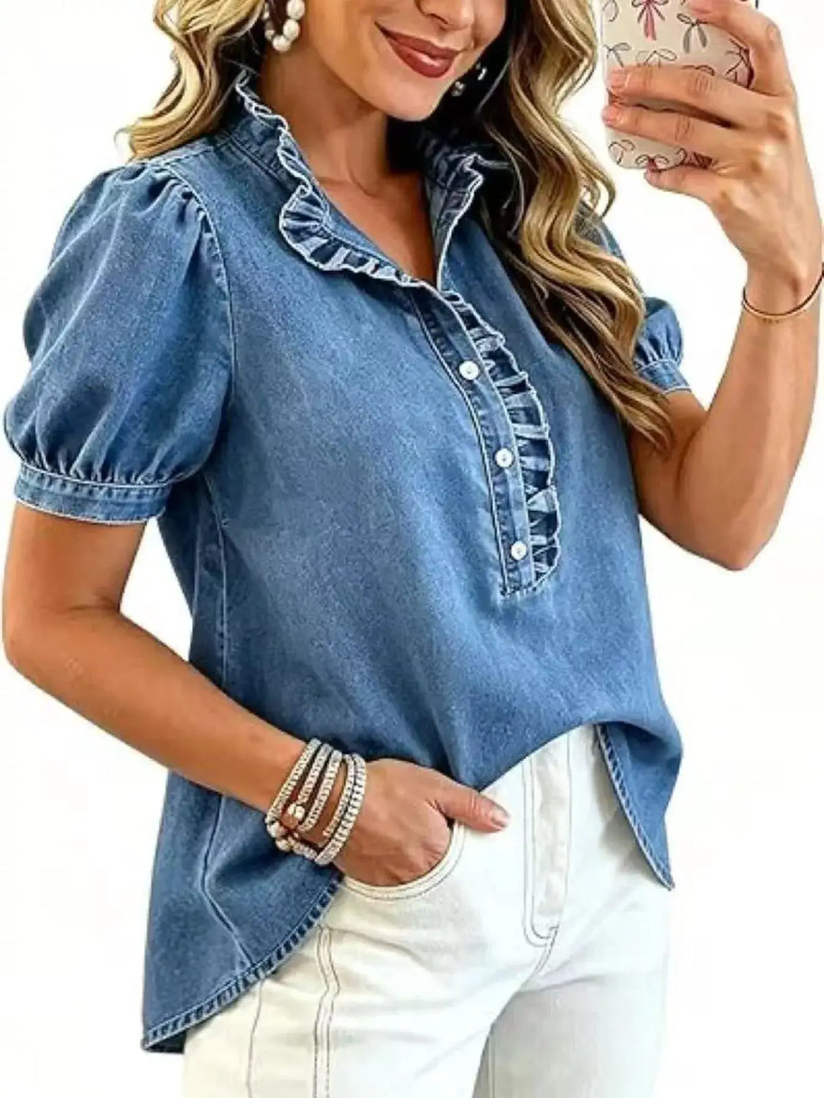 Frill Puff Sleeve Denim Top in blue with front button closure and ruffle trim along the placket