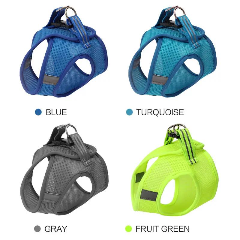 Anti-strike cat traction harness by AdTec, set of 4 in blue, turquoise, gray, and fruit green.