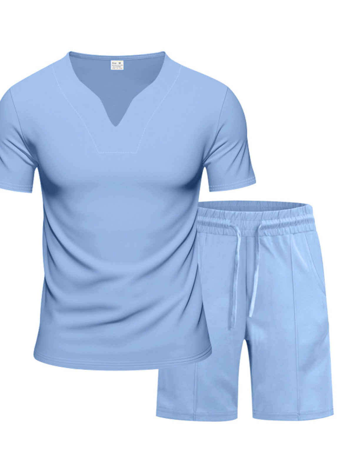 Men's light blue V-neck short-sleeve T-shirt and matching drawstring shorts two-piece set; plus-size comfy loungewear.