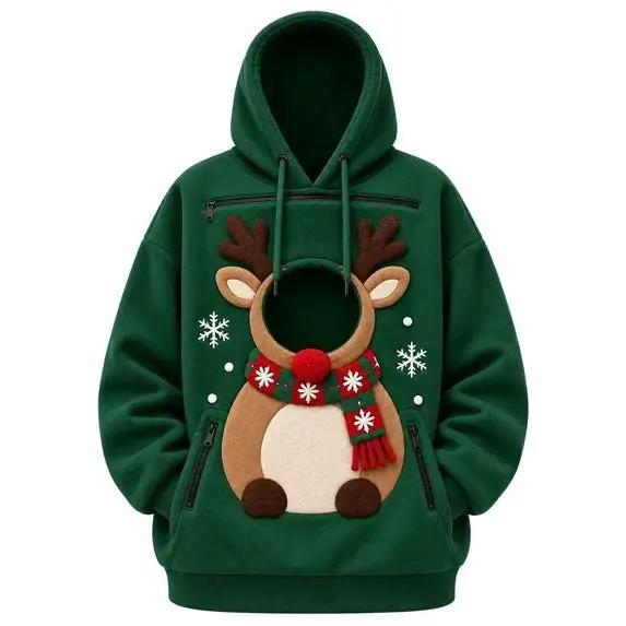 Pet Christmas 3D printed hooded pullover sweatshirt in green with a reindeer applique and scarf