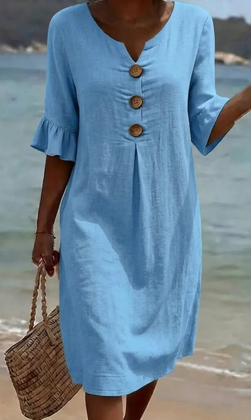 Summer Womens Solid Colored Cotton Dress in light blue with wooden front buttons, 3/4 sleeves with ruffle