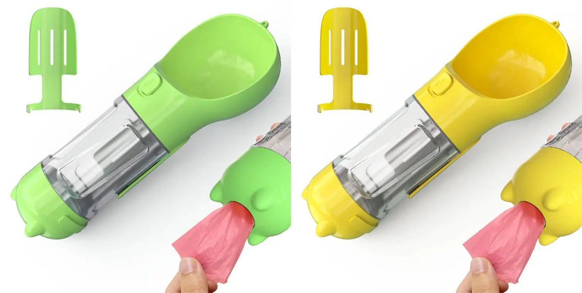 Pet 3-in-1 water bottle feeder bowl with poop bag dispenser, green and yellow variants, portable travel