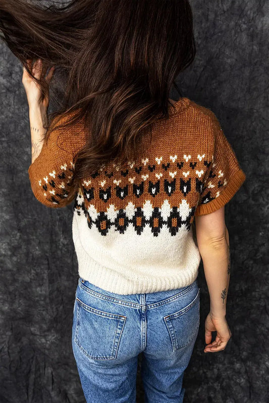 V-neck short-sleeve knitted geometric sweater in brown, ivory, and black colorblock.
