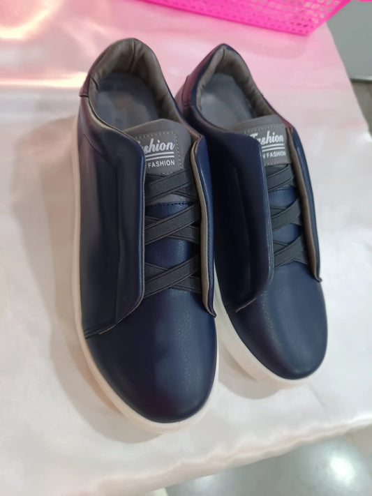 Aurelia men's premium solid color comfort sneakers; navy blue with white sole, pair shown