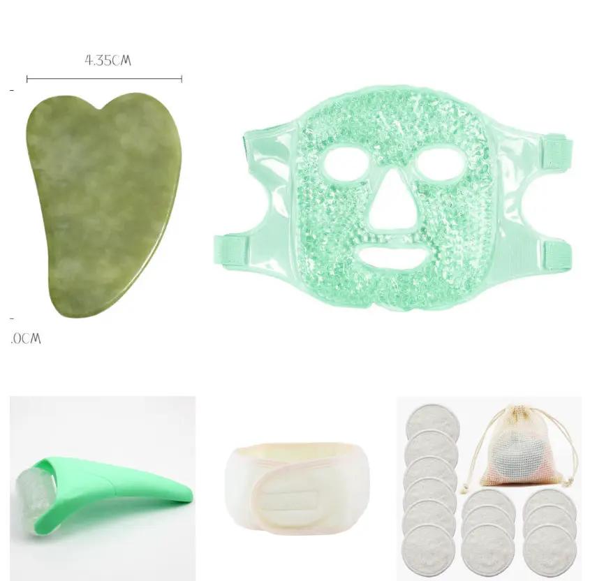 AdTec Therapeutic Gel Eye Mask kit, green hot-cold eye care accessories with pads and mesh bag.