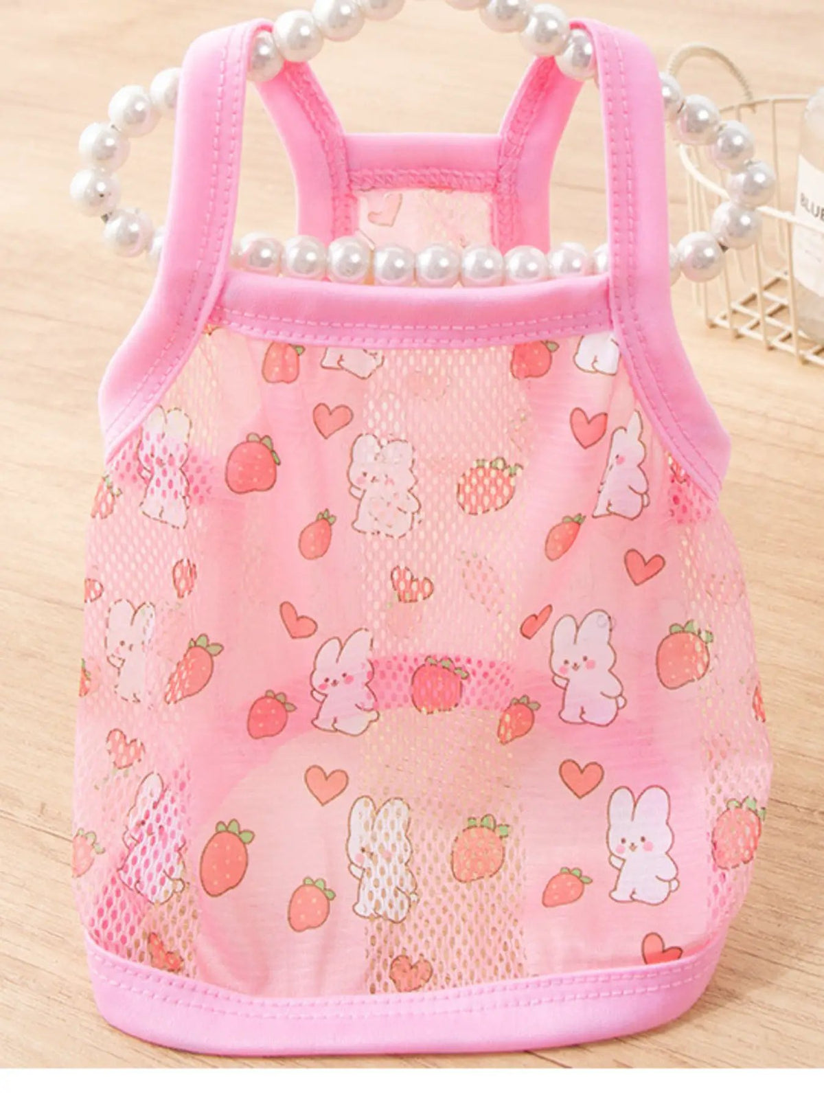 Breathable Mesh Pet Top in pink with bunny and strawberry prints, Trendsi pet shirt