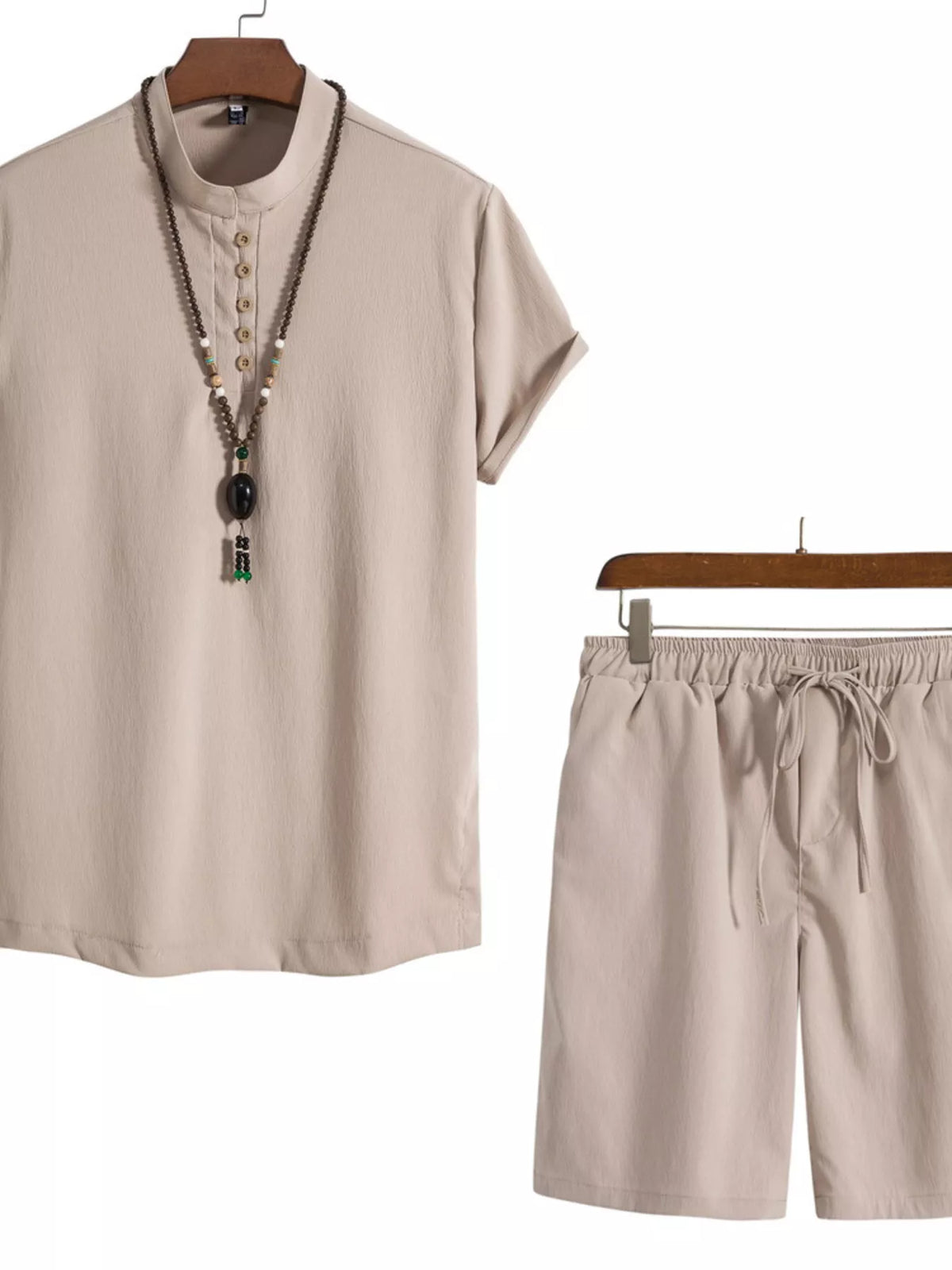 Beige men's plus-size mandarin-collar short-sleeve shirt and drawstring shorts 2-piece set