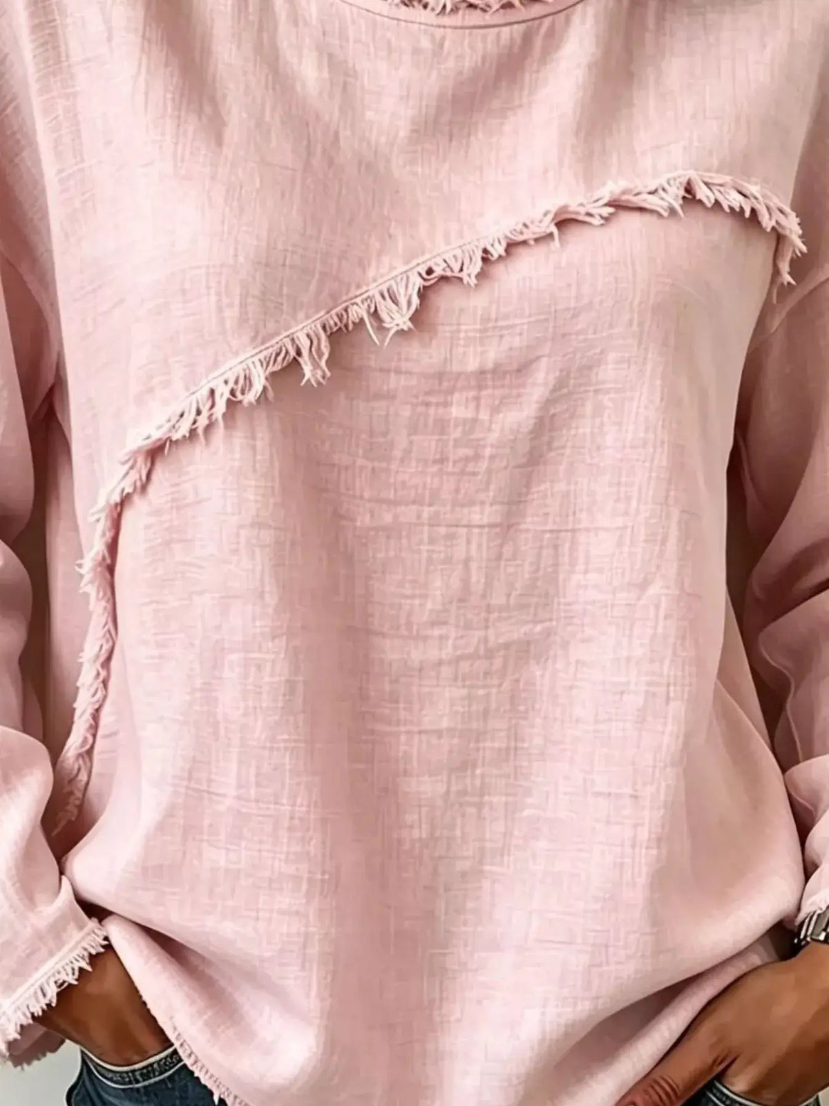 Frayed-hem dropped-shoulder blouse in pink lightweight fabric by Trendsi.