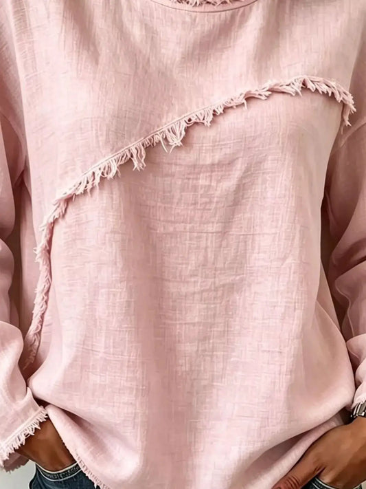 Frayed-hem dropped-shoulder blouse in pink lightweight fabric by Trendsi.