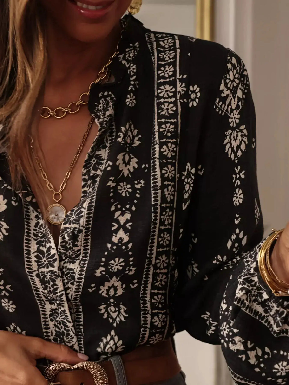 Vintage Print Long Sleeve Shirt in black with white floral pattern.