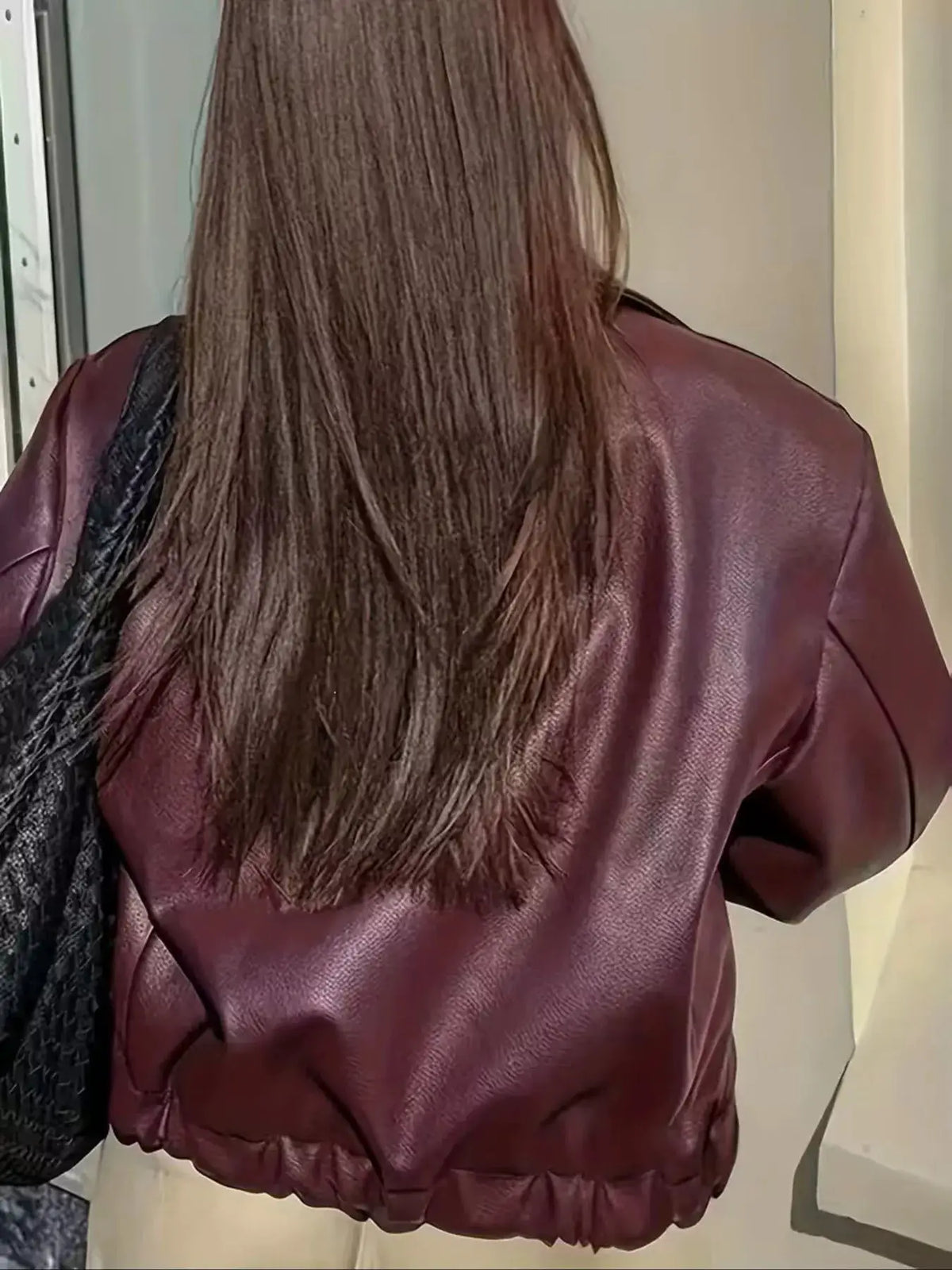 Oversized faux leather moto jacket in burgundy with full zip front