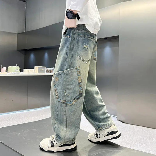 Boys' Casual Denim Jeans Style Loose Straight Leg Long Pants
