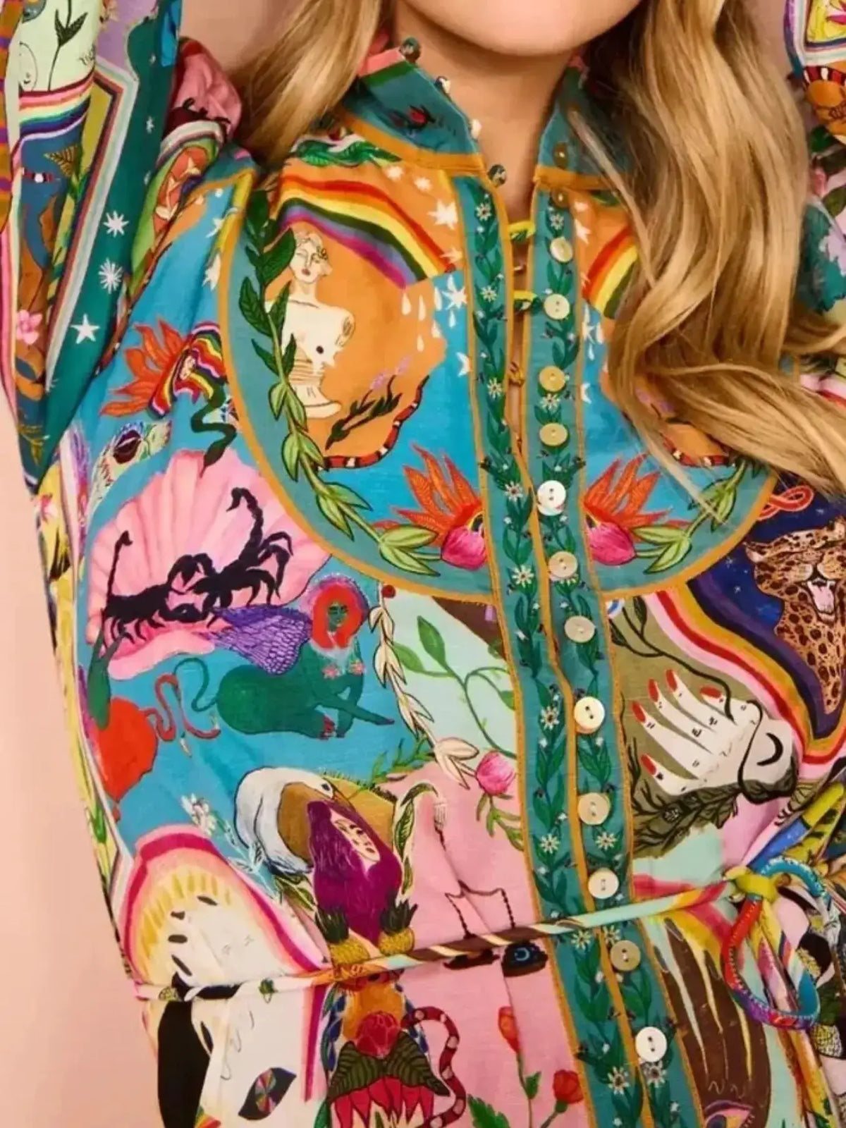 Printed long-sleeve mini dress with belt in bright multicolor tropical print