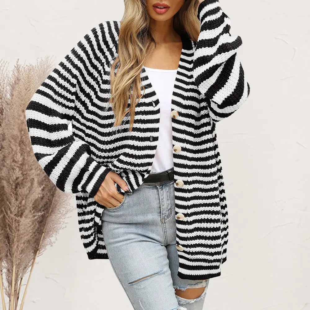 Premium striped button-front cardigan in black and white; oversized soft stretchy knit with long sleeves