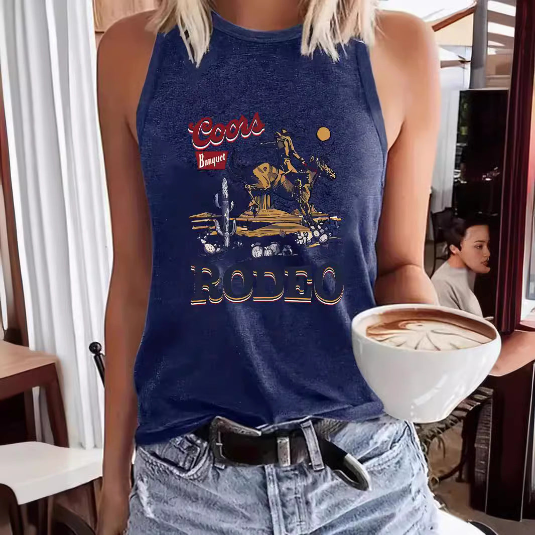 Western denim sleeveless top by eprolo in navy with rodeo graphic and Coors Banquet logo
