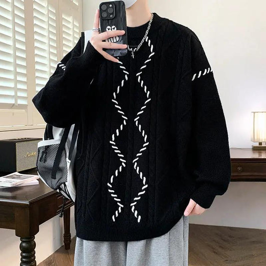 Mens Premium Cotton Blend Crewneck Sweater in black with white diamond stitch pattern, modern fit