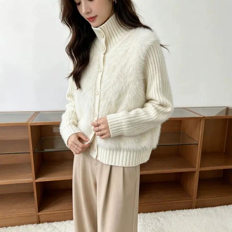 Sweater by eprolo, cream stand-up collar, single-breasted with fuzzy front