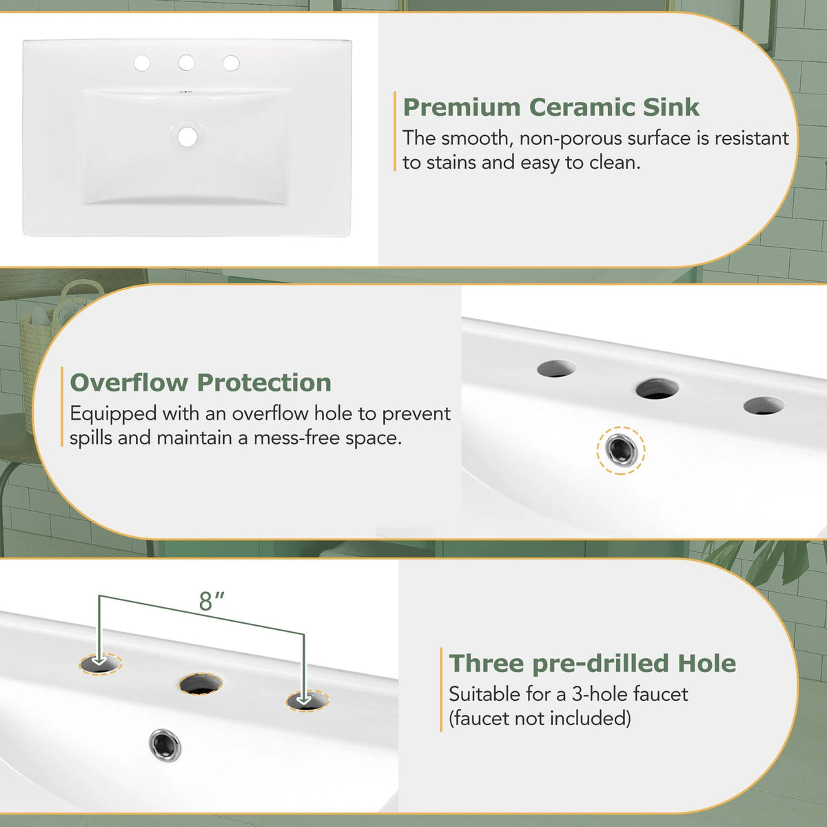 30-Inch Green Bathroom Vanity with Ceramic Sink and Ample Storage - Ideal Choice for Small Bathrooms by eprolo