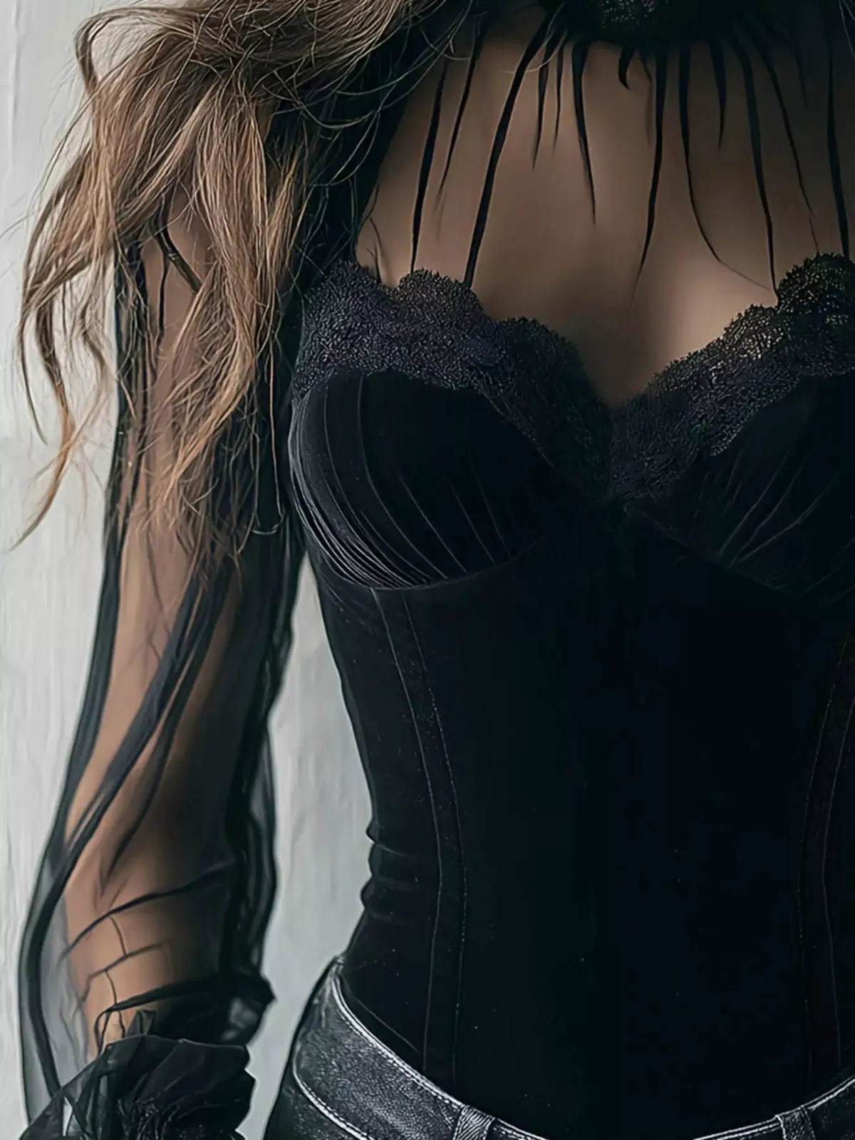 Lace Trim Velvet Sheer Sleeve Blouse in black with sheer long sleeves
