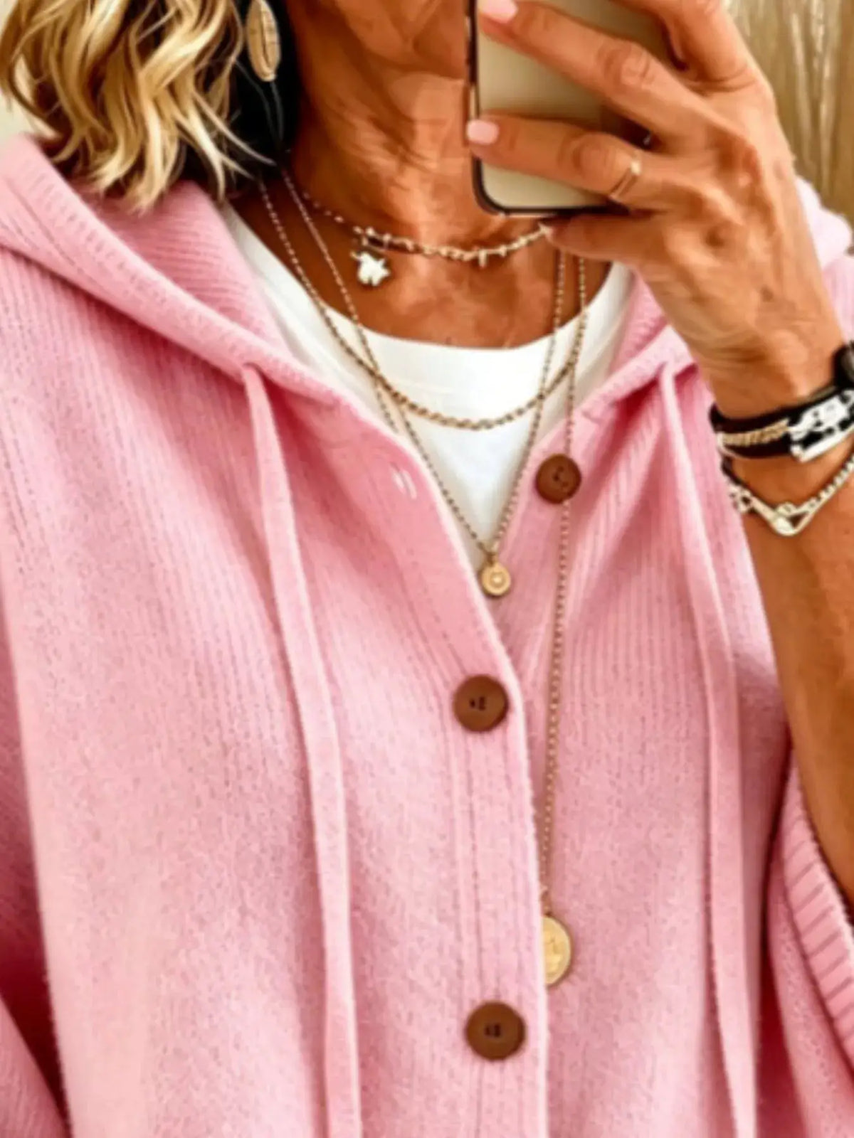 Full Size Casual Hooded Button-Down Knit Cardigan in pink with brown buttons