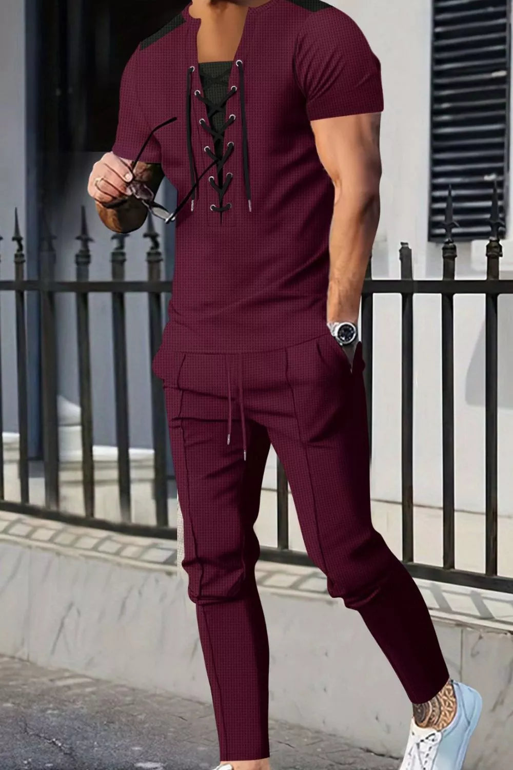 Men's full-size lace-up front top and pants casual set in burgundy with drawstring waist