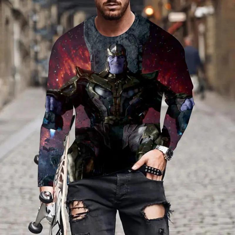 Men's long-sleeved graphic tee featuring Thanos armor print in dark multicolor design