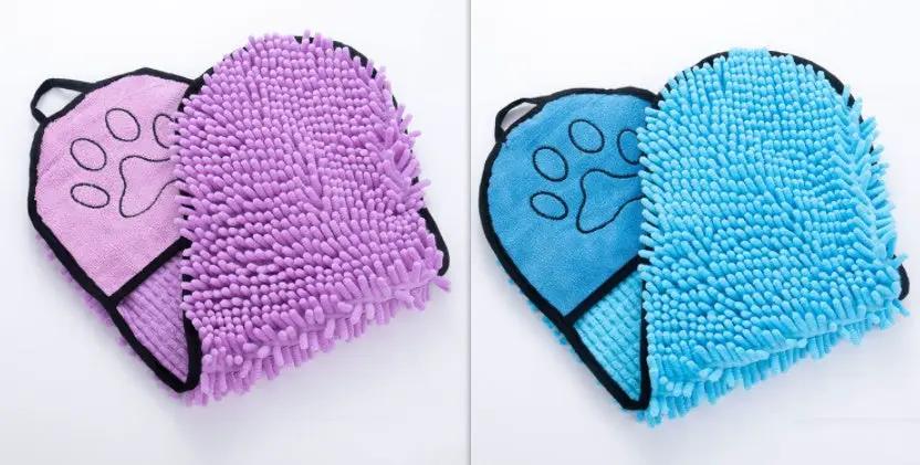 AdTec pet towel set for dogs and cats, quick-drying microfiber towels with paw-print motif in purple and blue (2-pack)