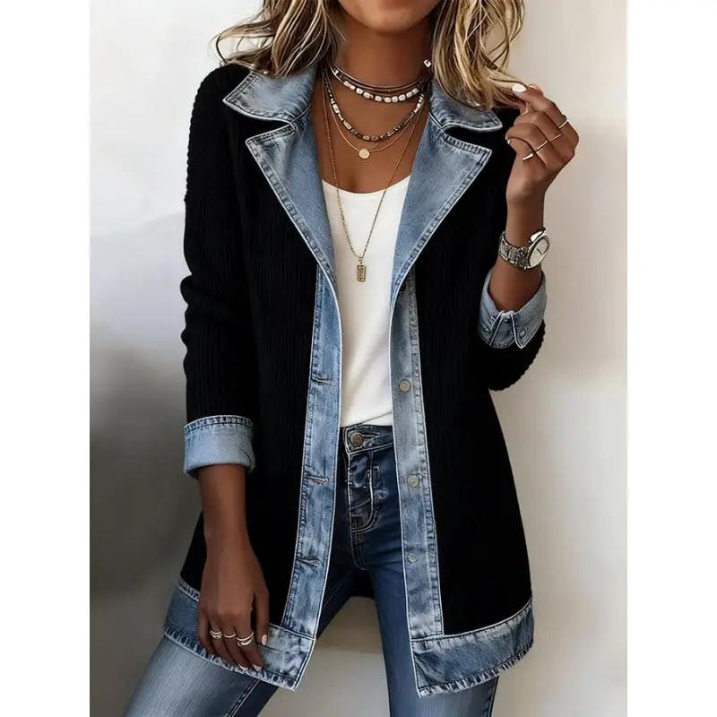 Women's AdTec patchwork denim trucker jacket; black body with light blue denim trim, casual lightweight topwear