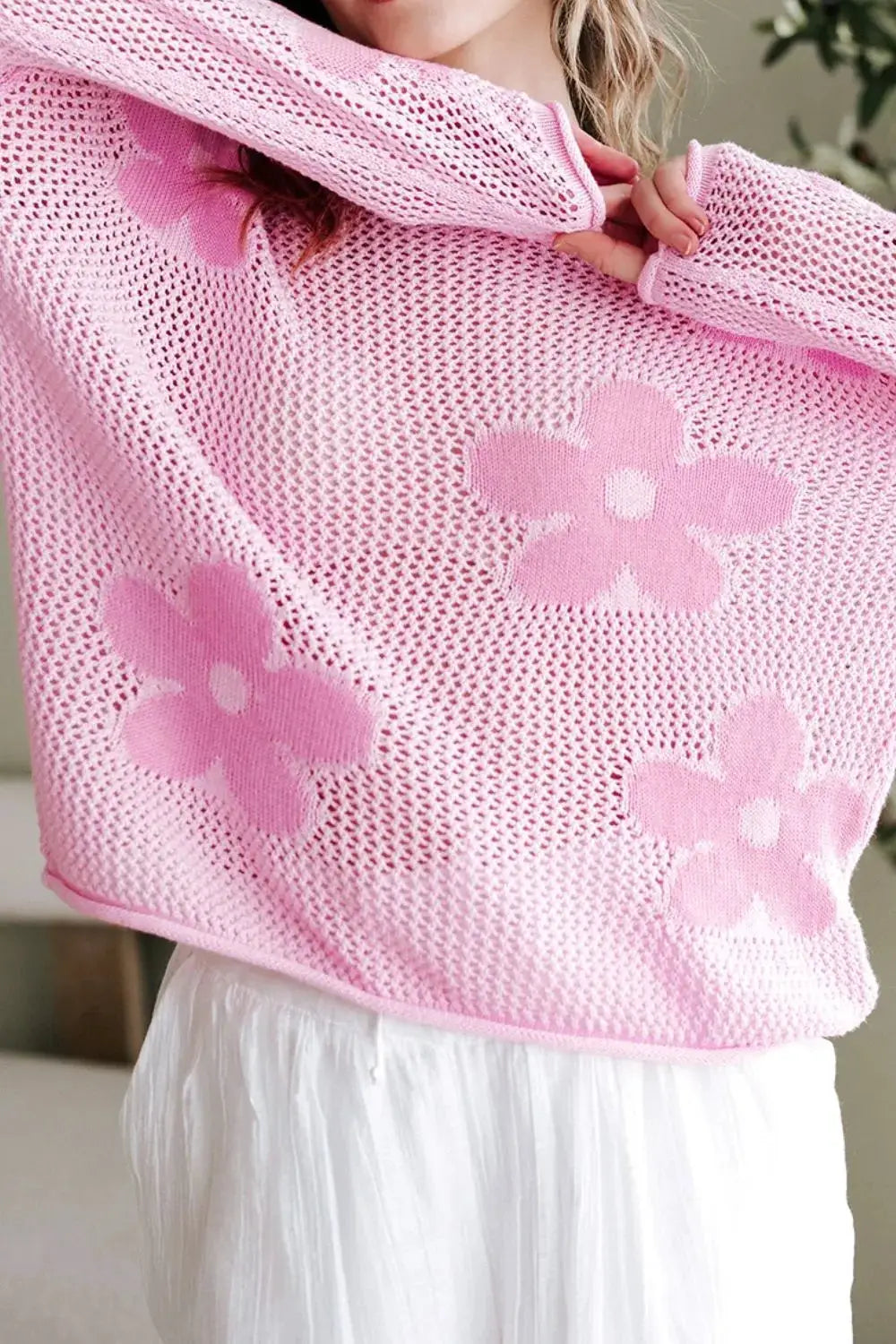 Lightweight pink openwork floral knit cover-up top with round neck