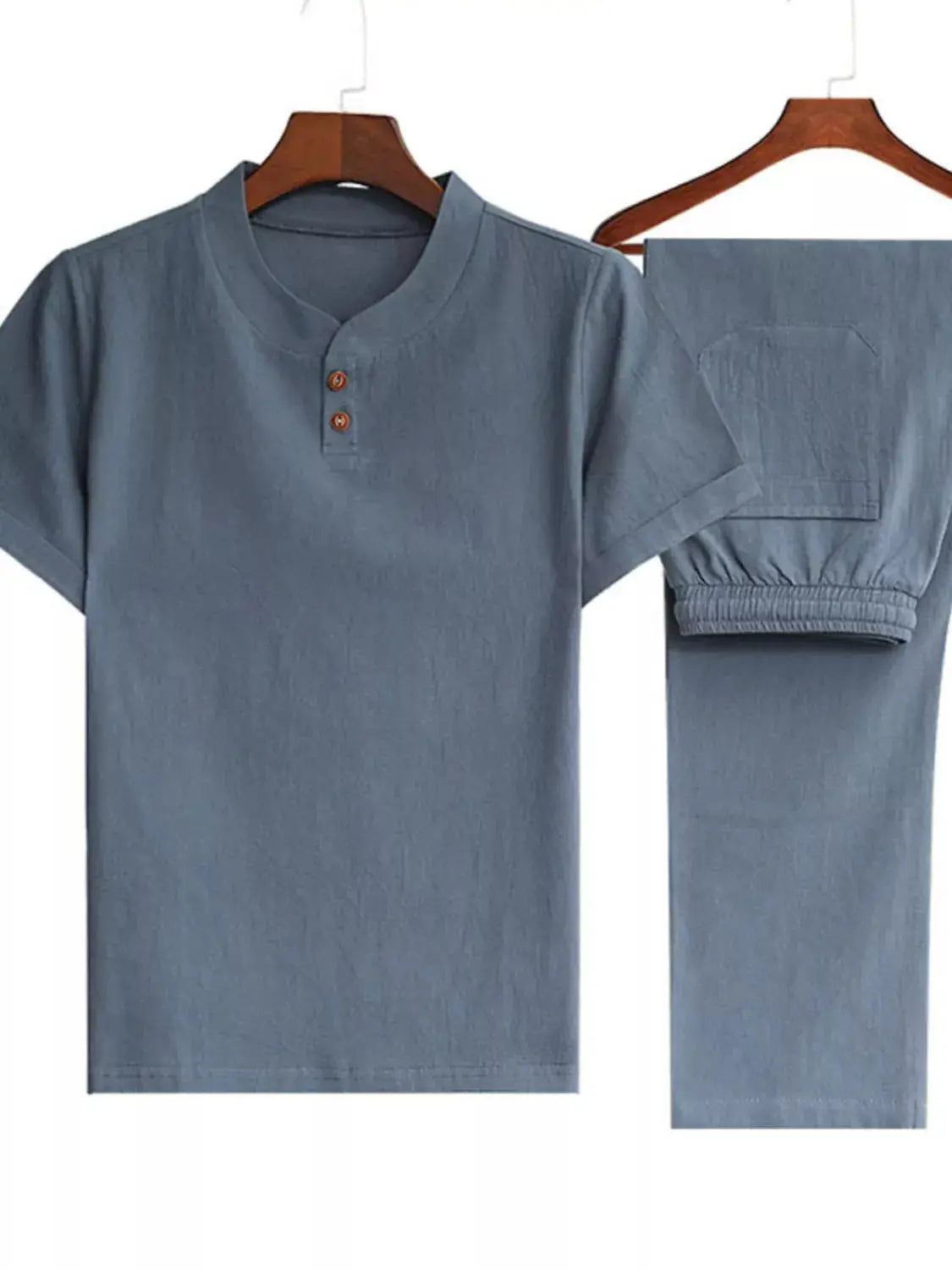 Trendsi men's plus-size casual two-piece short-sleeve top and pants set in blue-gray for comfortable daily wear
