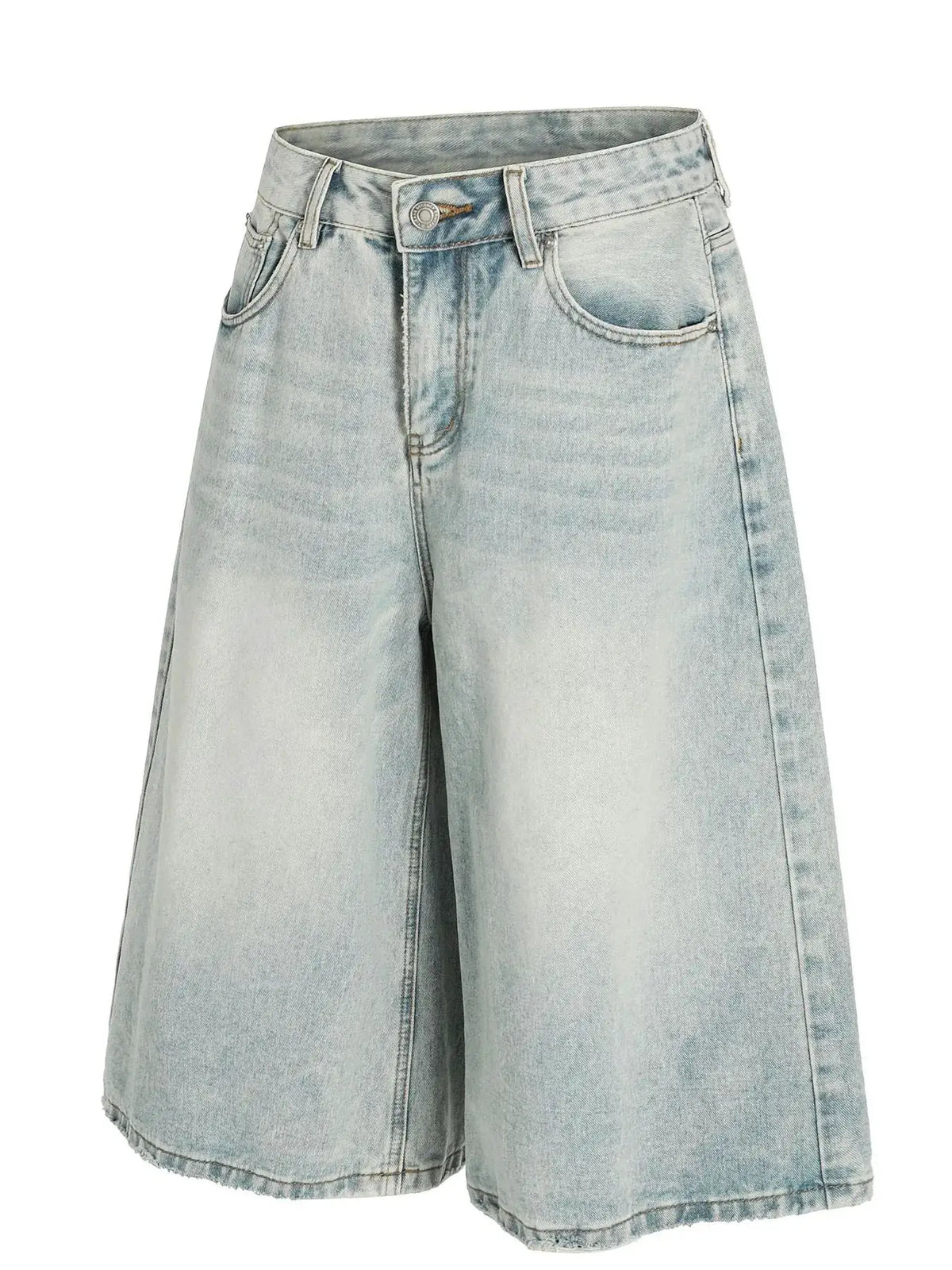 Mens wide-leg denim shorts, light wash, soft cotton, relaxed fit.