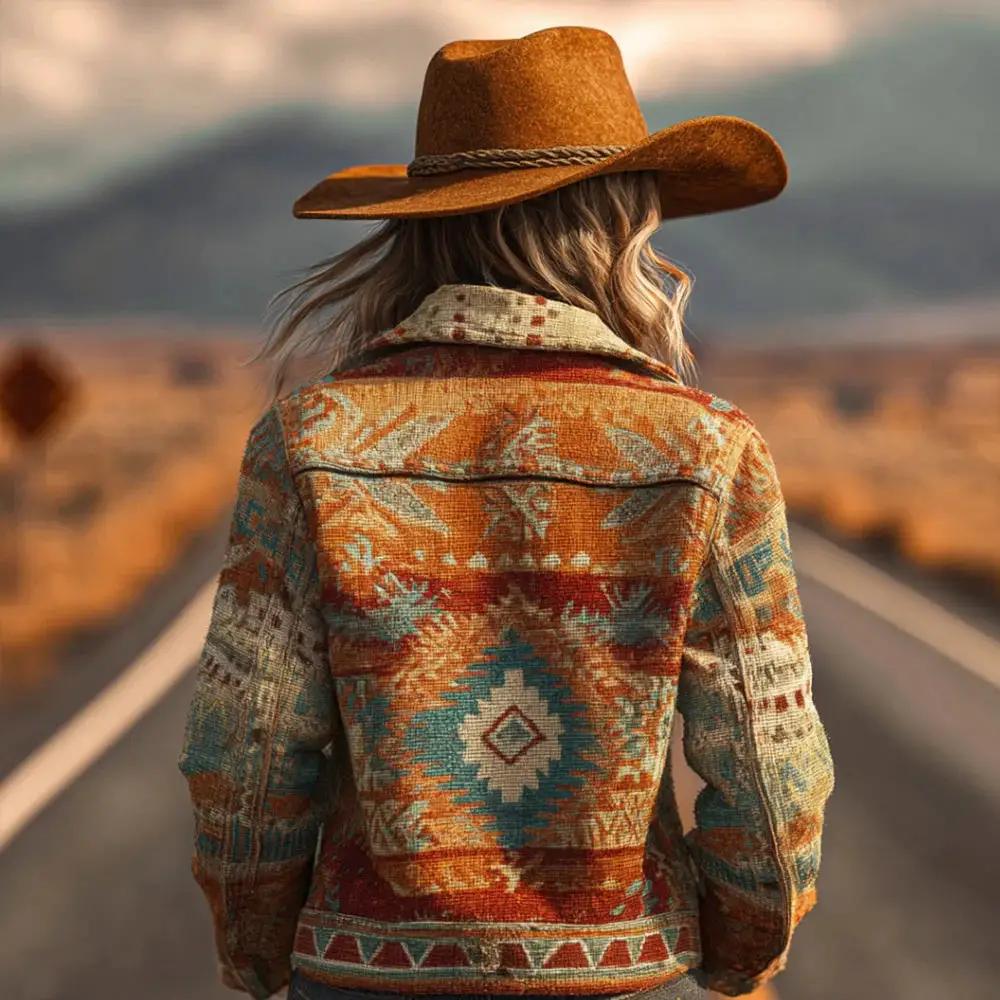 Autumn Retro Washed Long-Sleeve Denim Jacket by AdTec, orange and teal Southwestern pattern.