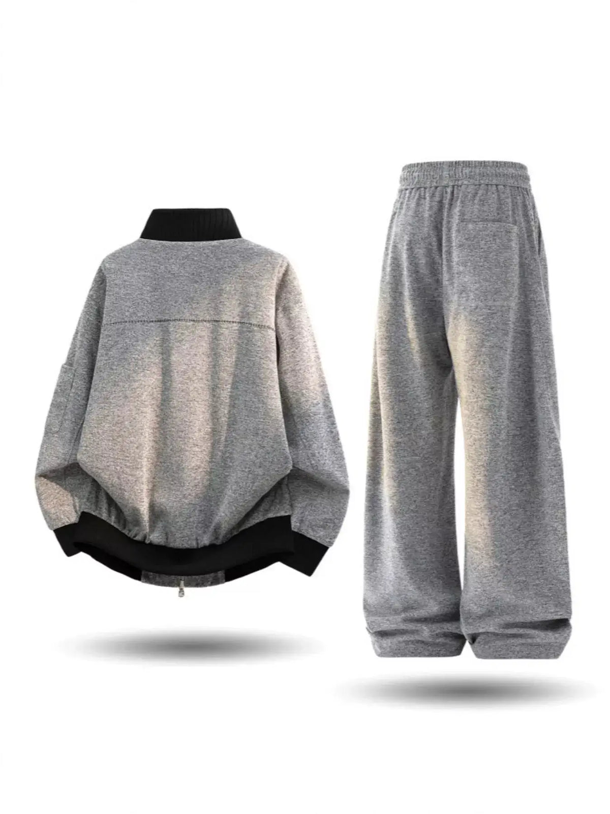 Men's plus-size grey fleece tracksuit set with drawstring pockets and elastic cuffs