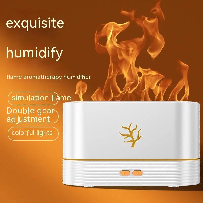 Flame humidifier aroma diffuser, white with gold trim, USB powered LED timer