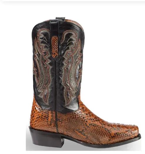 AdTec Cavanaugh men's quilted pointed-toe boots with embroidery, brown snakeskin lower shaft and black embroidered upper.
